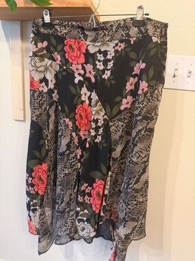 INC International Concepts Black Floral and Snake-Print A-Line Skirt